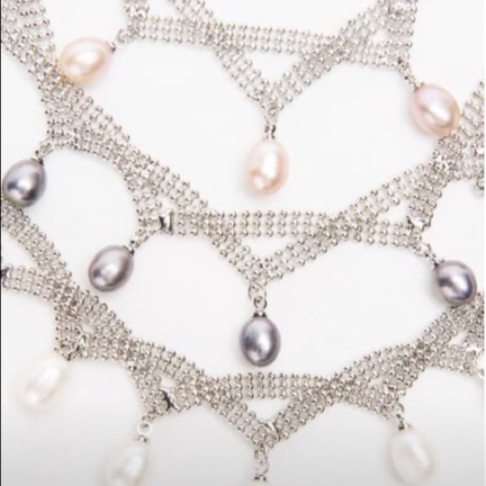 Genuine Blush Pearl Silver Mesh Princess Necklace